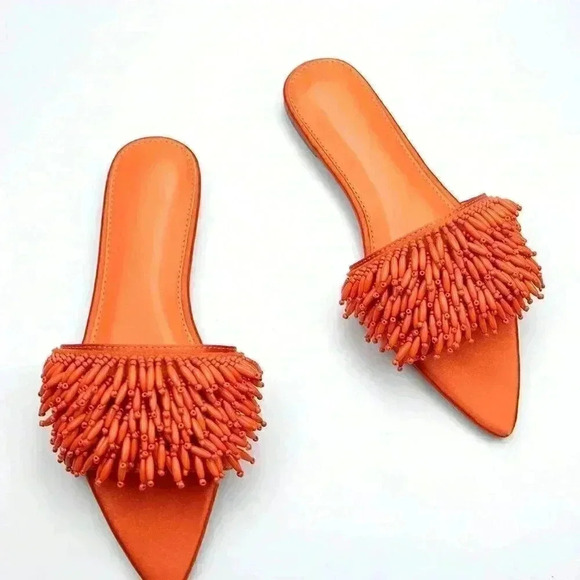 Orange Funky Women's Bead Embroidery Decorated Fabric Flat Comfortable Sandals - Picture 3 of 4